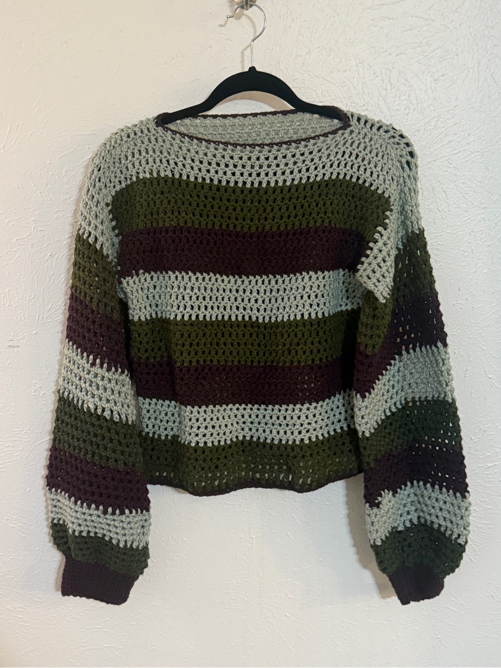 Hand made Striped Crochet Pullover Sweater in Sage, Olive & Plum